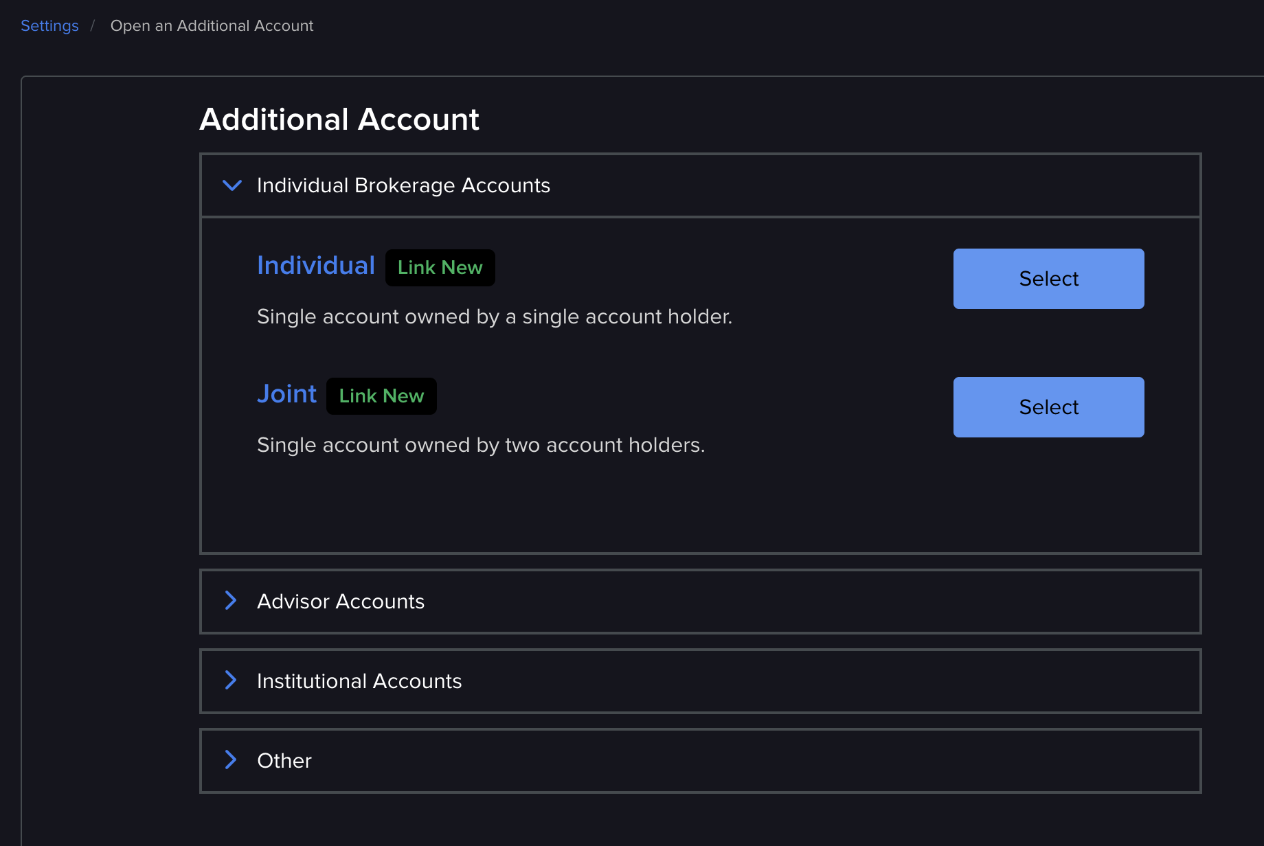 IBKR Open an Additional Account screen showing Individual, Joint, Advisor, Institutional, and Other account types