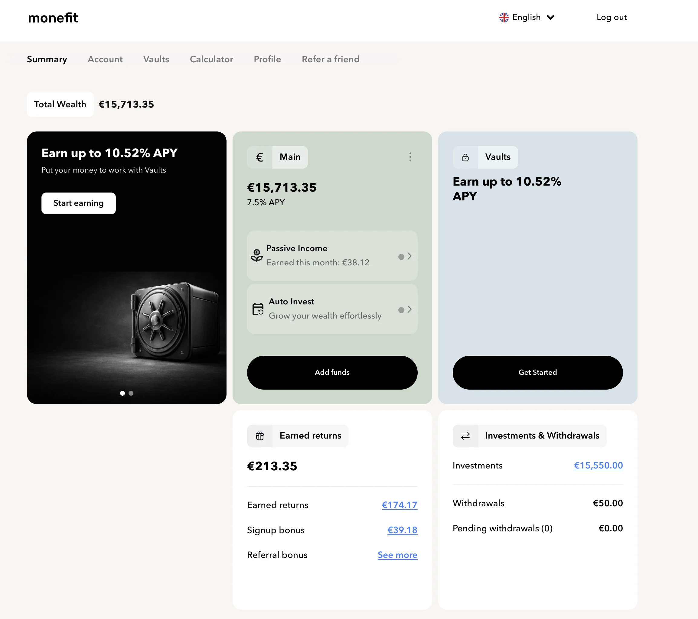 Monefit SmartSaver dashboard showing 15,713.35 euros total wealth, 7.5% APY on the main account, 213.35 euros earned returns, 38.12 euros passive income this month, up to 10.52% APY on Vaults