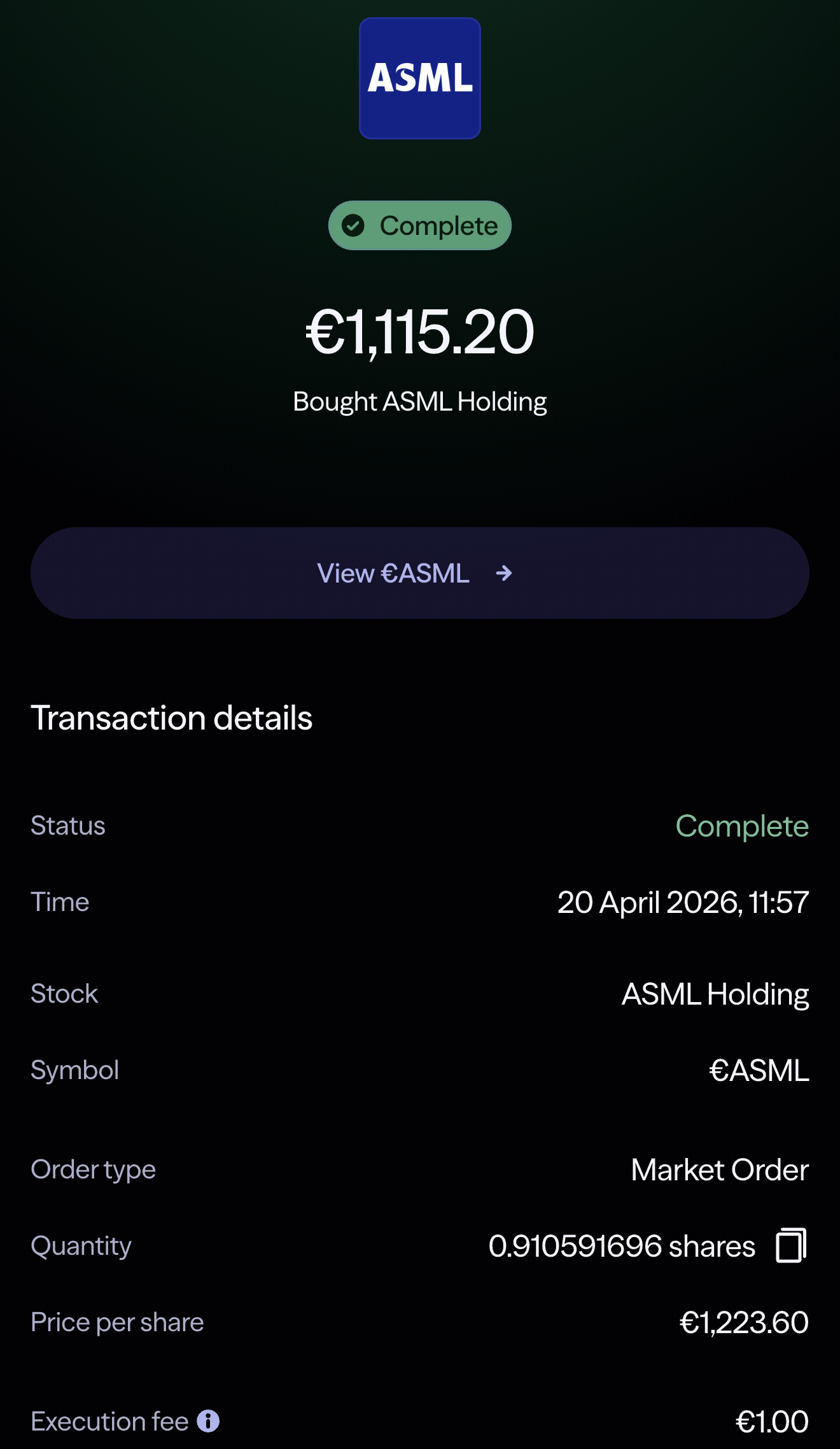 Lightyear order confirmation showing ASML purchase of 0.910591696 shares at EUR 1,223.60 per share, total EUR 1,115.20, dated 20 April 2026