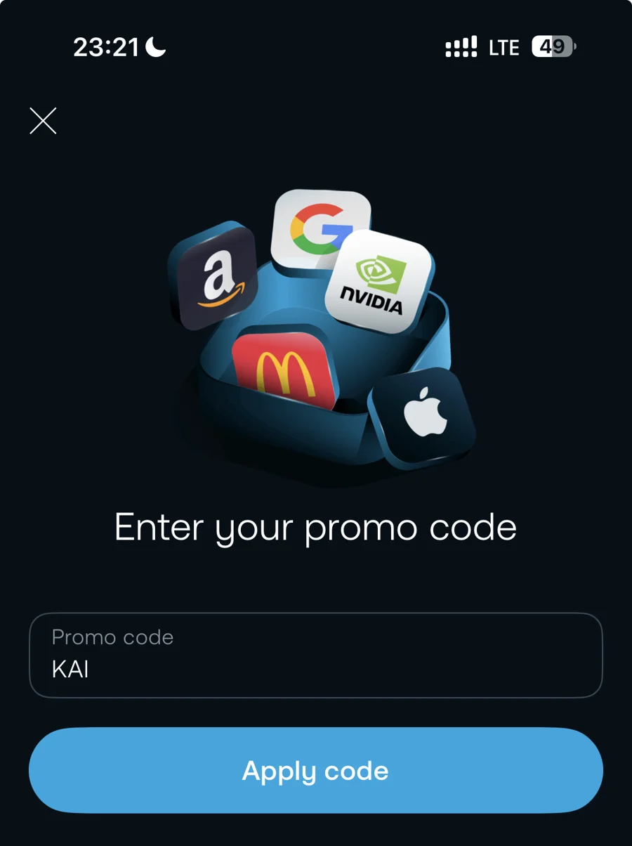 Trading 212 app screen titled 'Enter your promo code' with KAI typed into the promo code input field and an Apply code button below